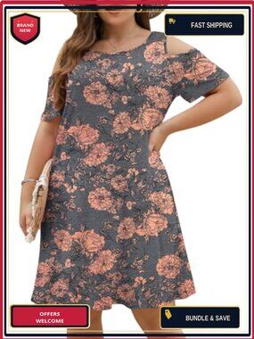 Plus Size Cold Shoulder Mini Swing Dress with Pockets Short Sleeve Loose Casual